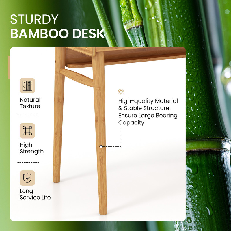 EcoFriendly Bamboo Desk 2 Storage Drawers  Open Shelf Writing Workstation 4