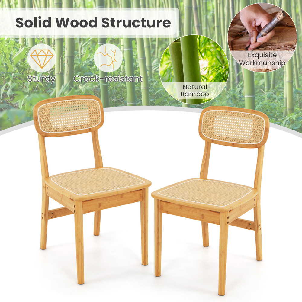 Modern Dining Chair Set Of 2 Simulated Rattan Backrest Bamboo Frame Comfortable Seating Pair 2