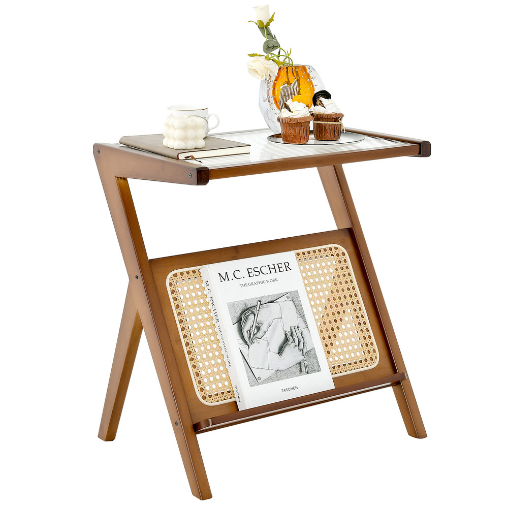 Boho End Table With Magazine Rack Tempered Glass Top Stylish Side Table With Storage 7
