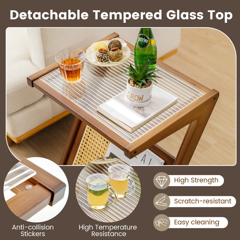 Boho End Table With Magazine Rack Tempered Glass Top Stylish Side Table With Storage 4