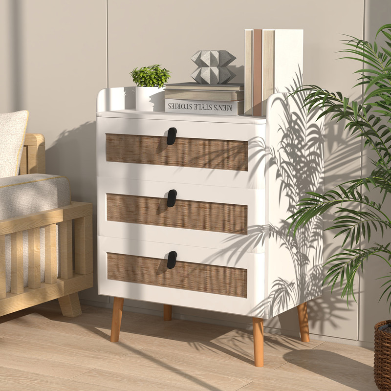 White Modern End Table 3 Rattan Decorated Drawers For Rustic Home Decor 0