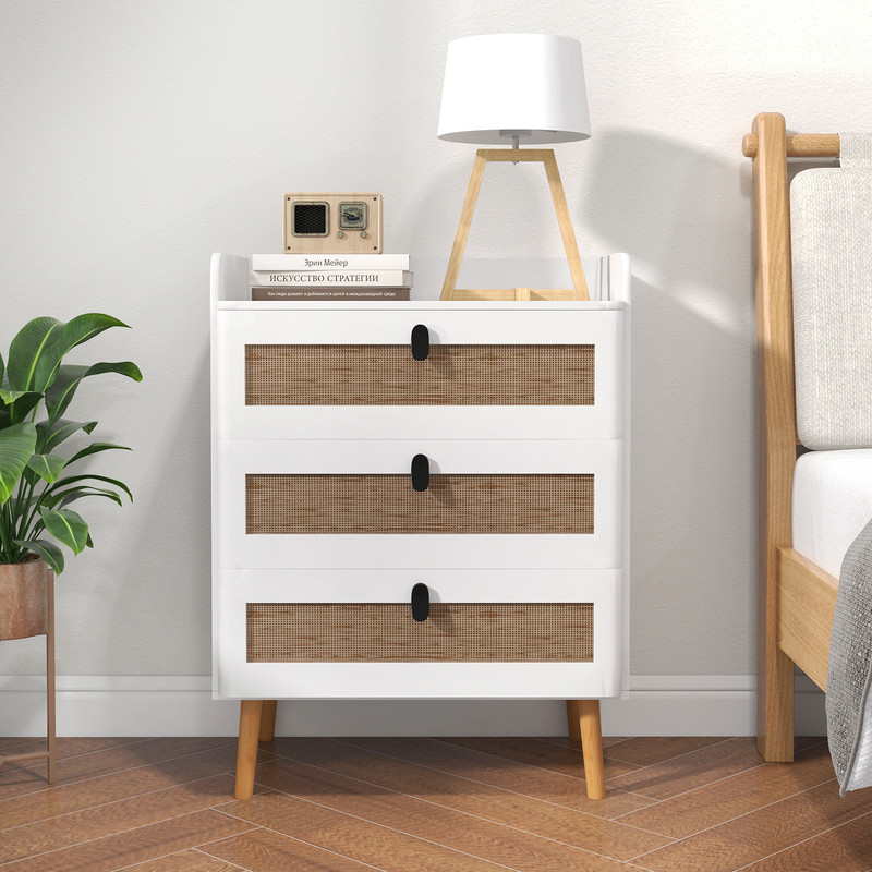 White Modern End Table 3 Rattan Decorated Drawers For Rustic Home Decor 1