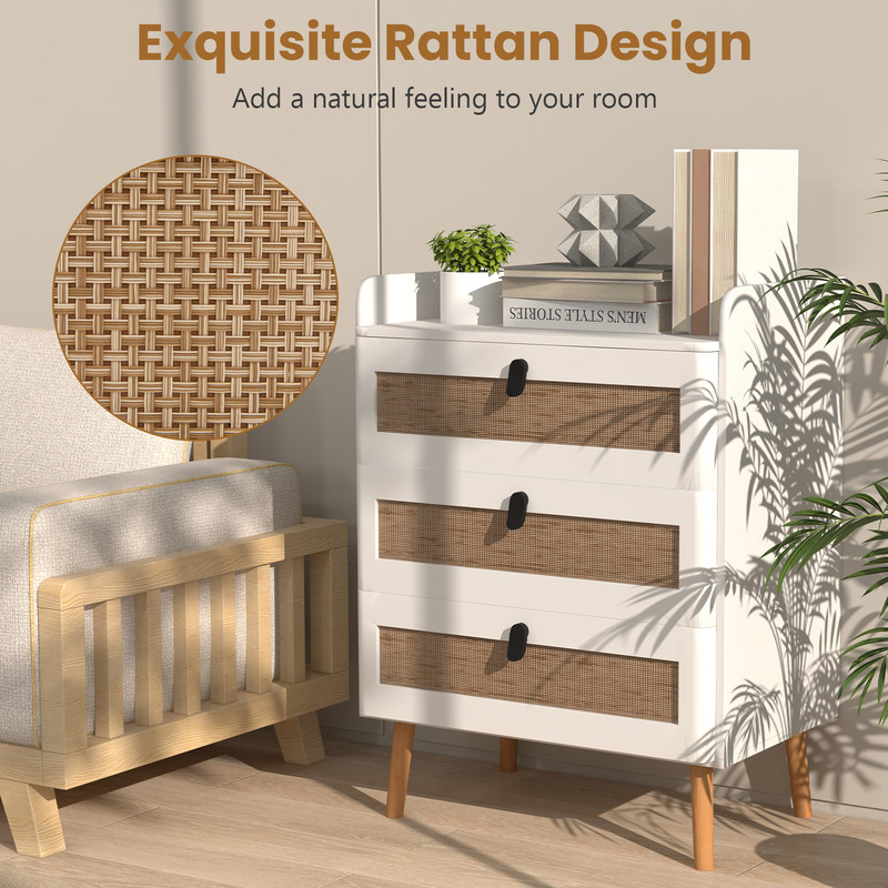 White Modern End Table 3 Rattan Decorated Drawers For Rustic Home Decor 2