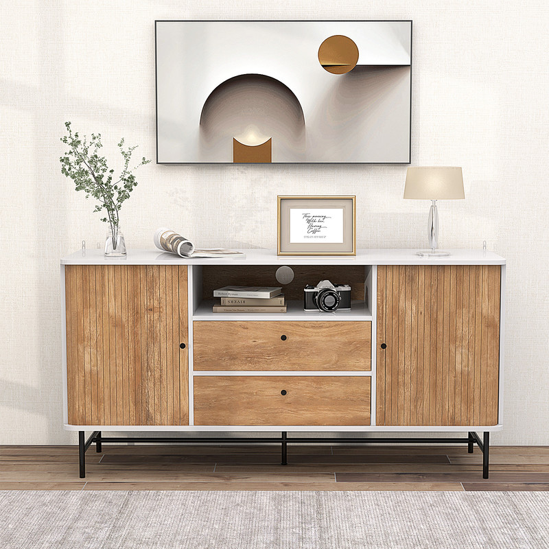 Mid Century Modern Buffet Sideboard With Sliding Tambour Doors  2 Storage Drawers Rustic Wood Finis 0