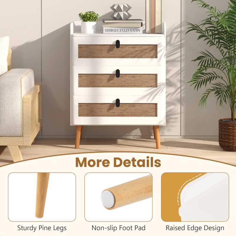 White Modern End Table 3 Rattan Decorated Drawers For Rustic Home Decor 4