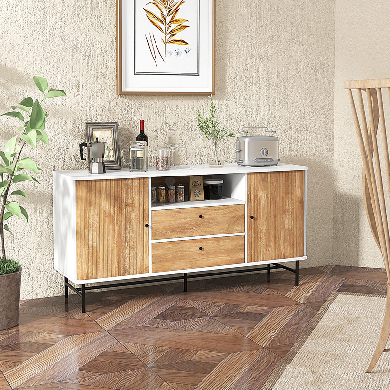 Mid Century Modern Buffet Sideboard With Sliding Tambour Doors  2 Storage Drawers Rustic Wood Finis 1