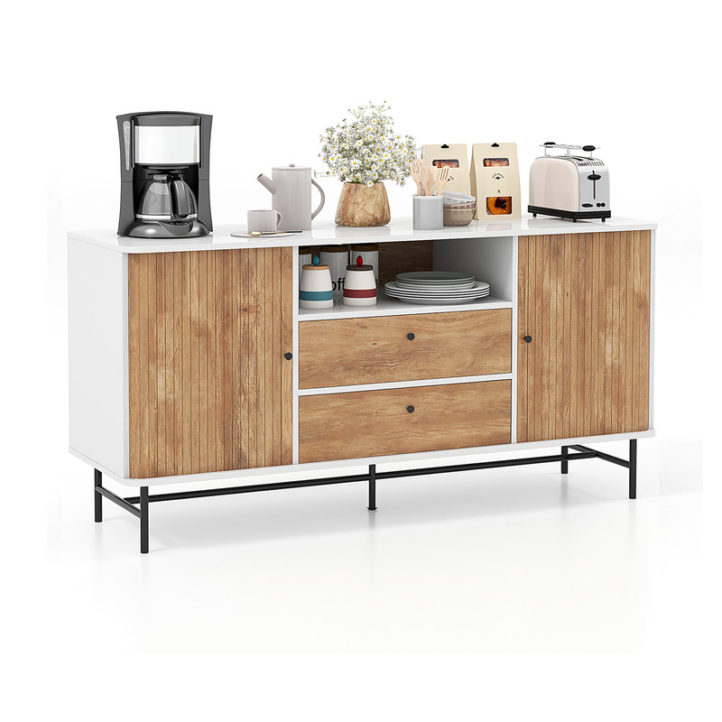 Mid Century Modern Buffet Sideboard With Sliding Tambour Doors  2 Storage Drawers Rustic Wood Finis 6