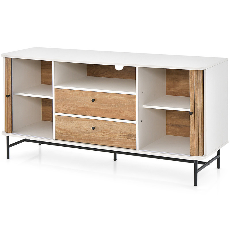 Mid Century Modern Buffet Sideboard With Sliding Tambour Doors  2 Storage Drawers Rustic Wood Finis 7