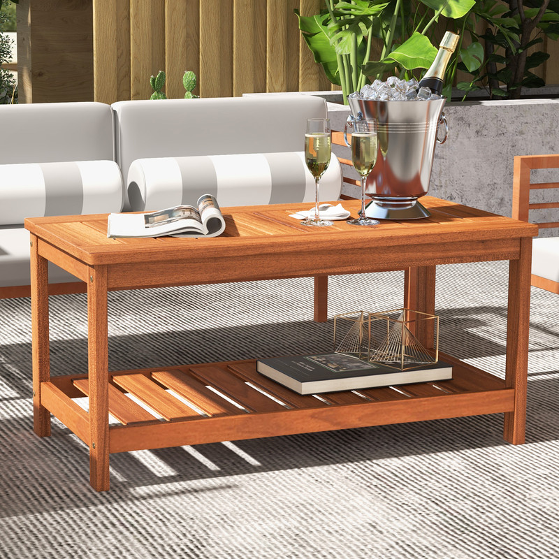 Outdoor Coffee Table 2Tier Patio Table With Slatted Tabletop Storage Shelf Durable Stylish 0