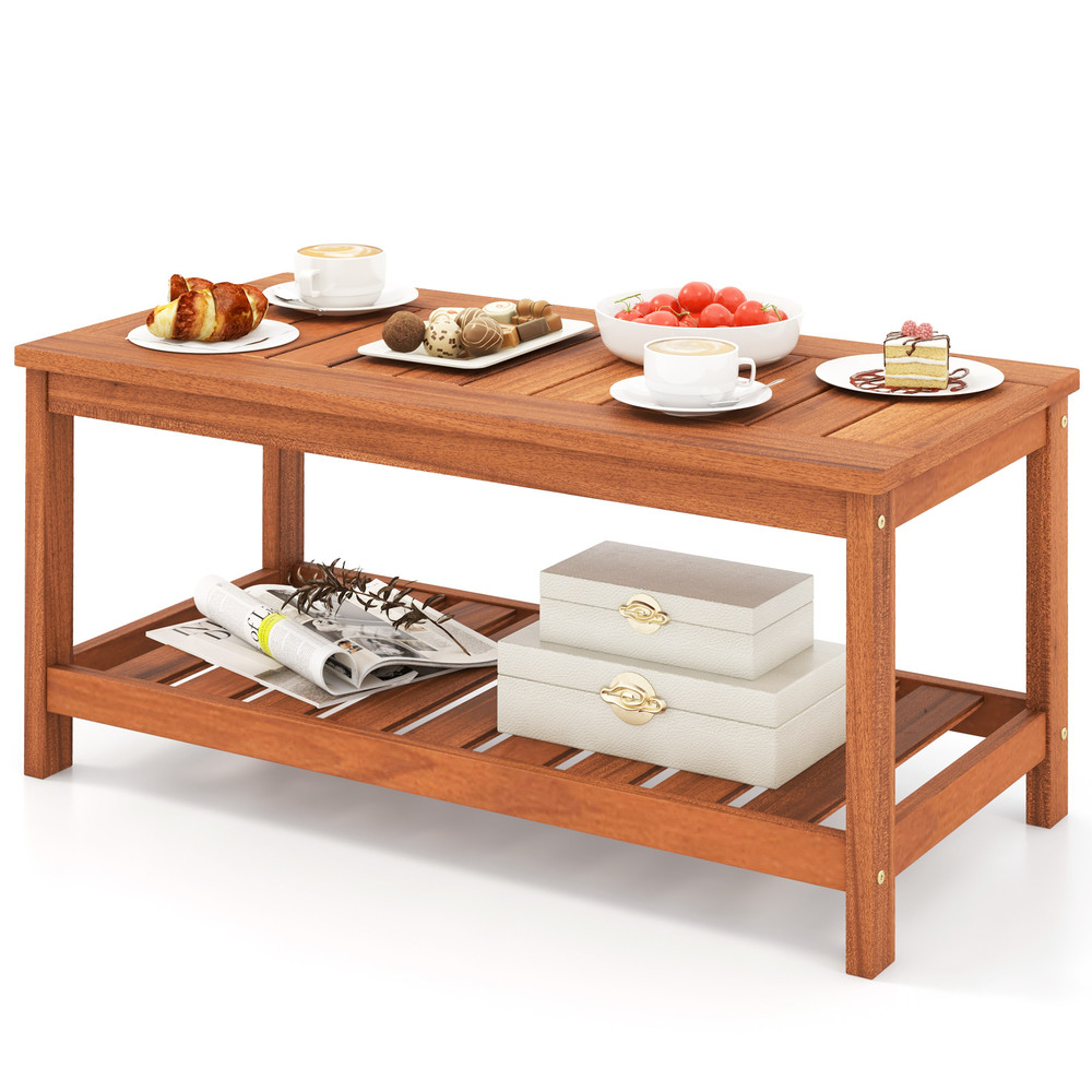 Outdoor Coffee Table 2Tier Patio Table With Slatted Tabletop Storage Shelf Durable Stylish 7