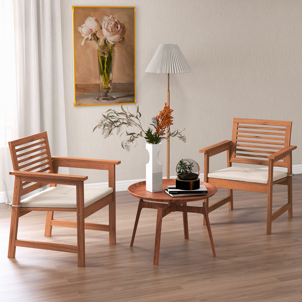 Set Of 2 Patio Solid Wood Dining Chairs With Cushions  Slatted Seat Premium Outdoor Seating 1