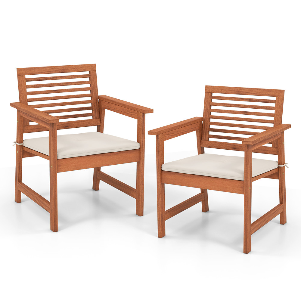 Set Of 2 Patio Solid Wood Dining Chairs With Cushions  Slatted Seat Premium Outdoor Seating 6