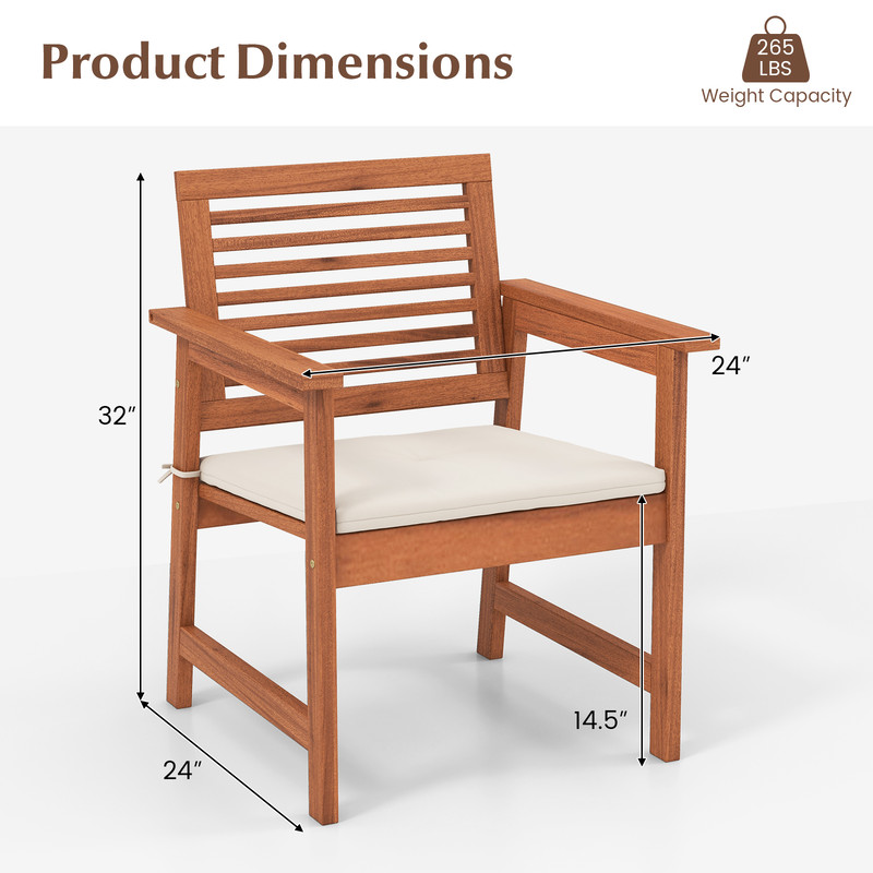 Set Of 2 Patio Solid Wood Dining Chairs With Cushions  Slatted Seat Premium Outdoor Seating 5