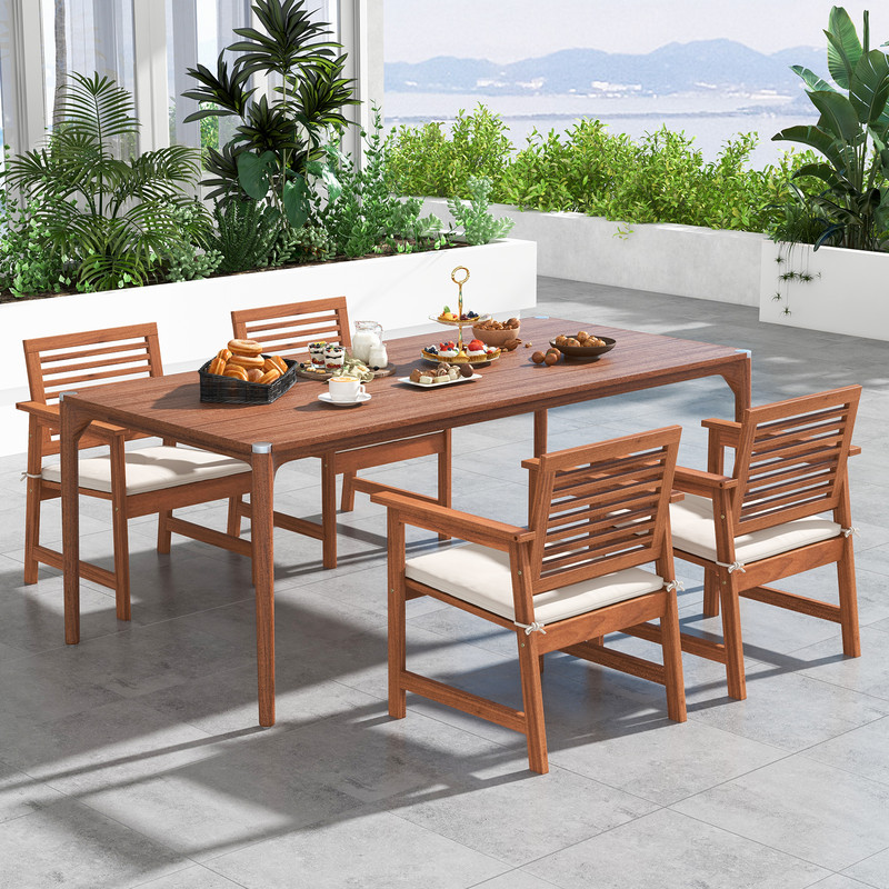 Set Of 2 Patio Solid Wood Dining Chairs With Cushions  Slatted Seat Premium Outdoor Seating 7