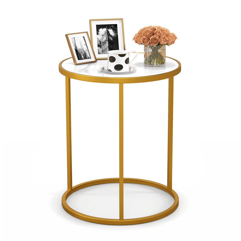 Round Side Table With Marble Top  Gold Frame 16 Inch Compact Accent Table For Small Spaces 7