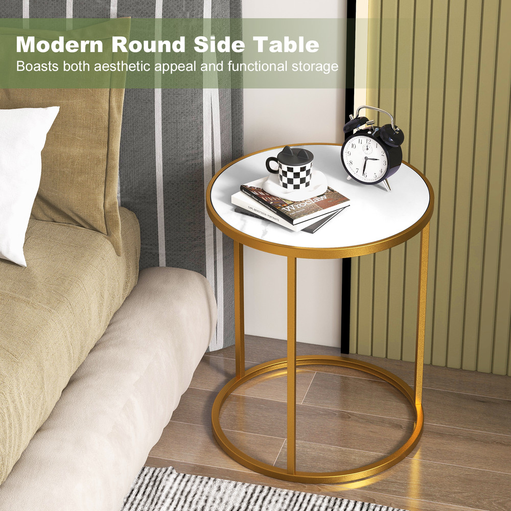 Round Side Table With Marble Top  Gold Frame 16 Inch Compact Accent Table For Small Spaces 3