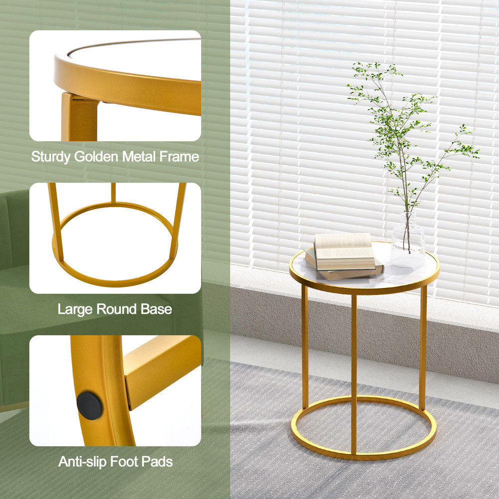 Round Side Table With Marble Top  Gold Frame 16 Inch Compact Accent Table For Small Spaces 4