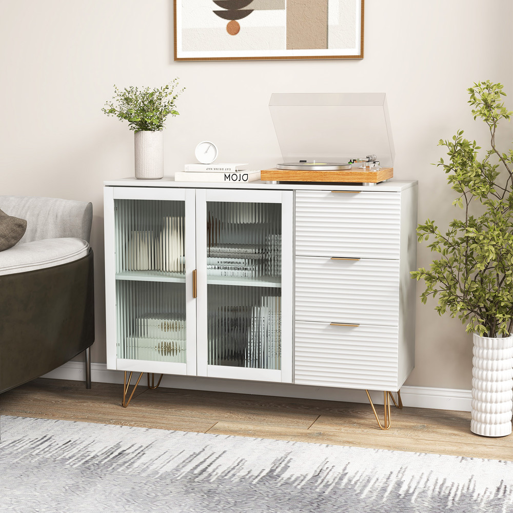 Buffet Cabinet With Glass Doors Modern Sideboard With 3 Drawer Versatile Storage For Home  Dining 0
