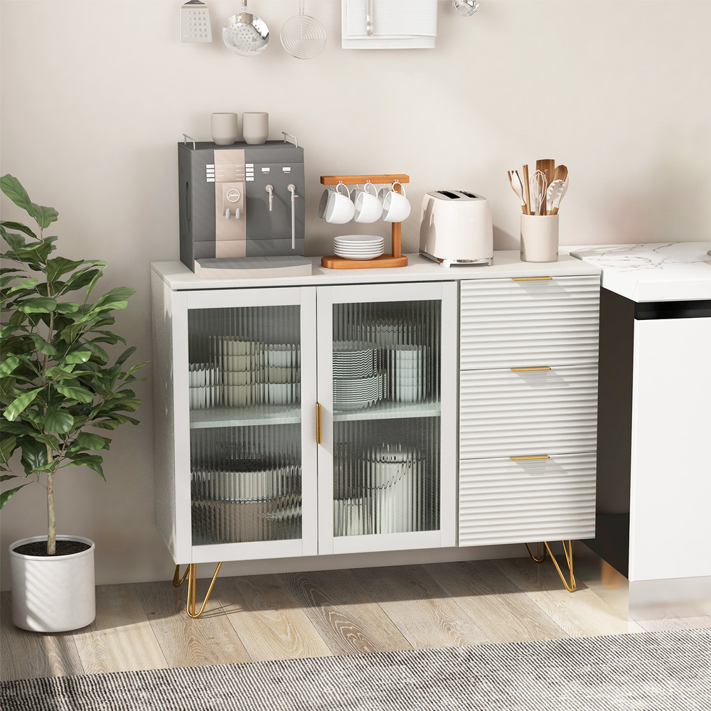 Buffet Cabinet With Glass Doors Modern Sideboard With 3 Drawer Versatile Storage For Home  Dining 1