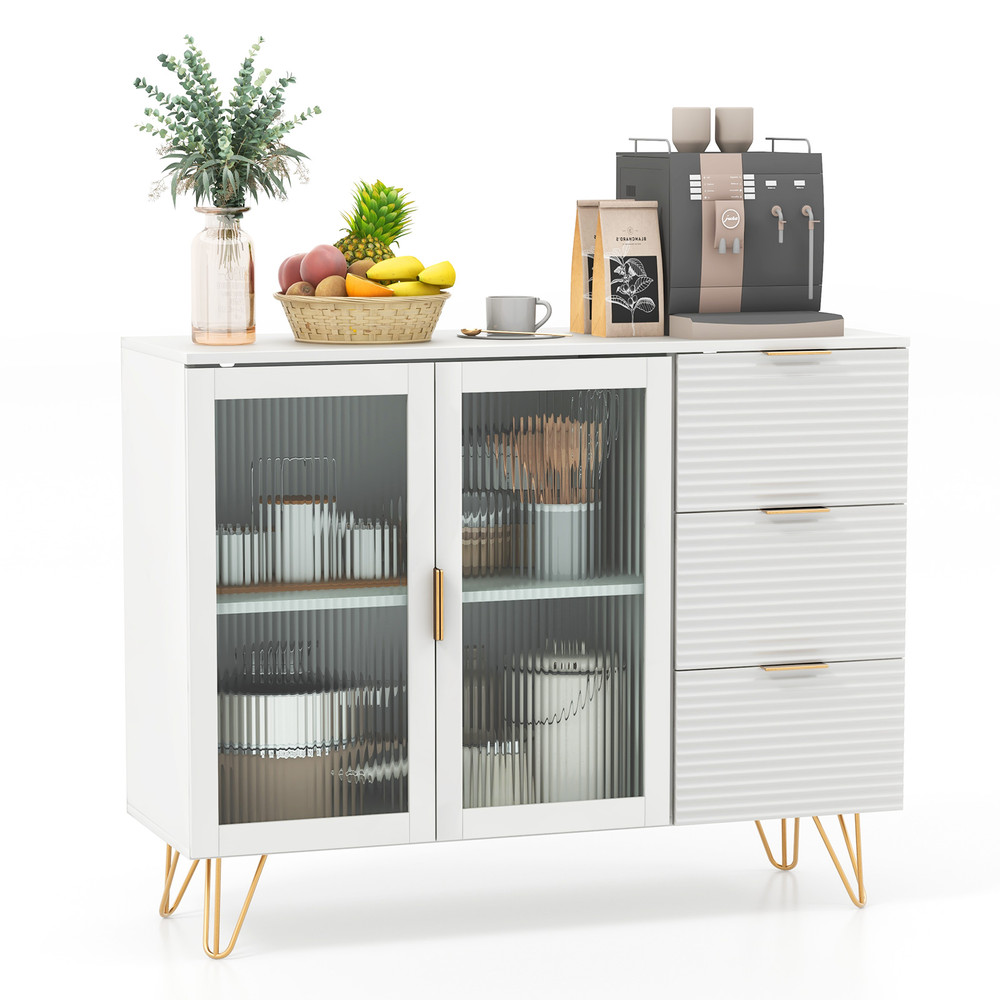Buffet Cabinet With Glass Doors Modern Sideboard With 3 Drawer Versatile Storage For Home  Dining 7