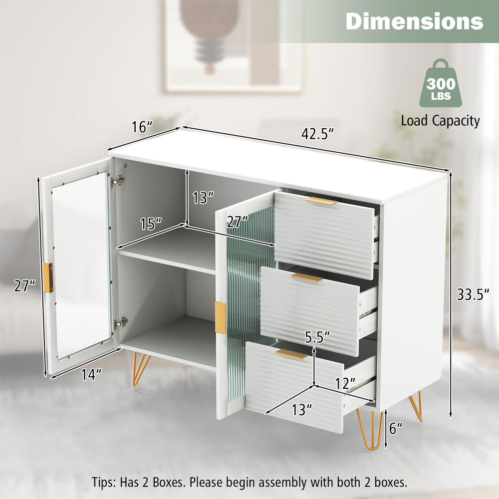Buffet Cabinet With Glass Doors Modern Sideboard With 3 Drawer Versatile Storage For Home  Dining 5
