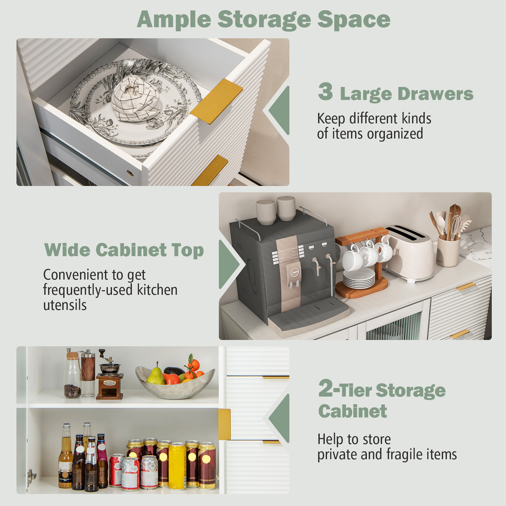 Buffet Cabinet With Glass Doors Modern Sideboard With 3 Drawer Versatile Storage For Home  Dining 2