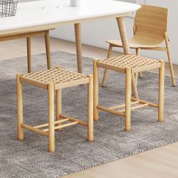 dining stool set of 2 with rubber wood frame, elegant woven seat stools for kitchen & dining room