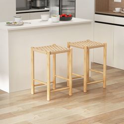 26 inch dining bar stool set of 2, rubber wood frame with woven seats - counter height stools
