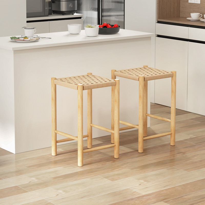 26 Inch Dining Bar Stool Set Of 2 Rubber Wood Frame With Woven Seats  Counter Height Stools 0