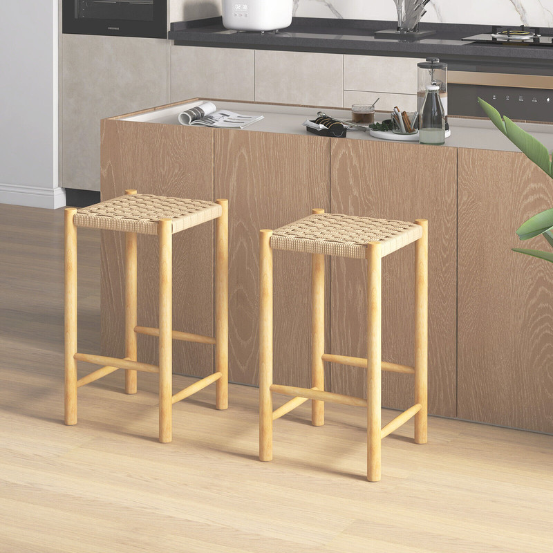 26 Inch Dining Bar Stool Set Of 2 Rubber Wood Frame With Woven Seats  Counter Height Stools 1