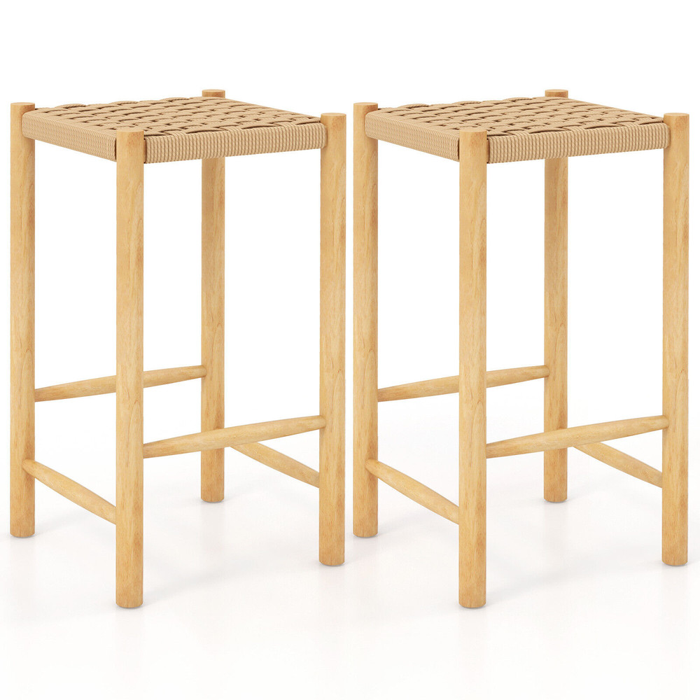 26 Inch Dining Bar Stool Set Of 2 Rubber Wood Frame With Woven Seats  Counter Height Stools 7