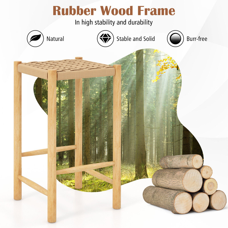 26 Inch Dining Bar Stool Set Of 2 Rubber Wood Frame With Woven Seats  Counter Height Stools 6