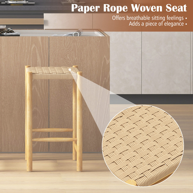 26 Inch Dining Bar Stool Set Of 2 Rubber Wood Frame With Woven Seats  Counter Height Stools 4
