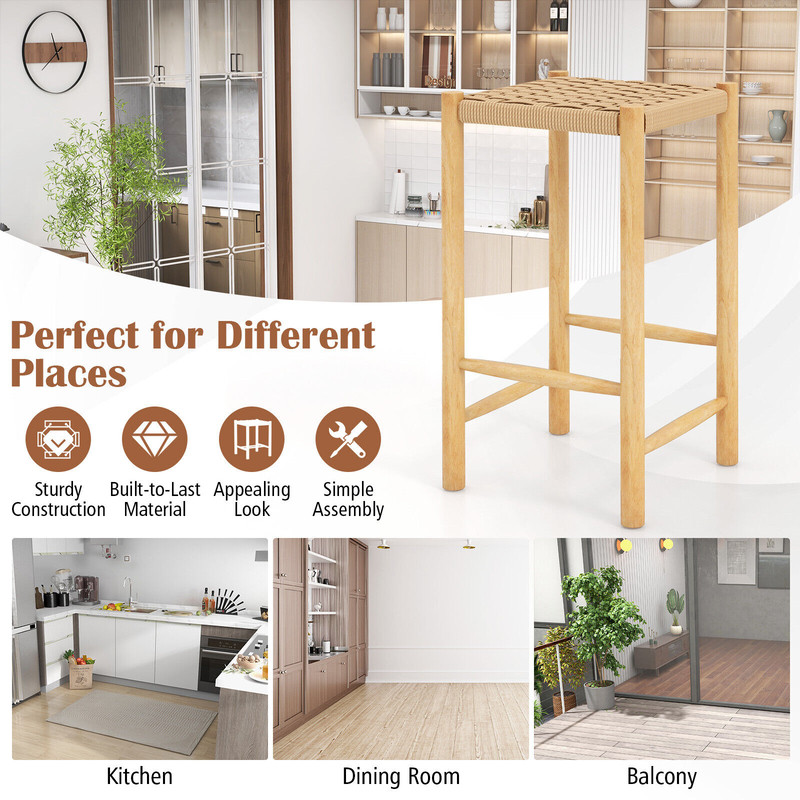 26 Inch Dining Bar Stool Set Of 2 Rubber Wood Frame With Woven Seats  Counter Height Stools 2