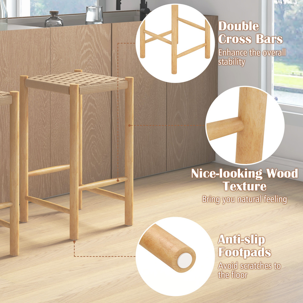 26 Inch Dining Bar Stool Set Of 2 Rubber Wood Frame With Woven Seats  Counter Height Stools 3
