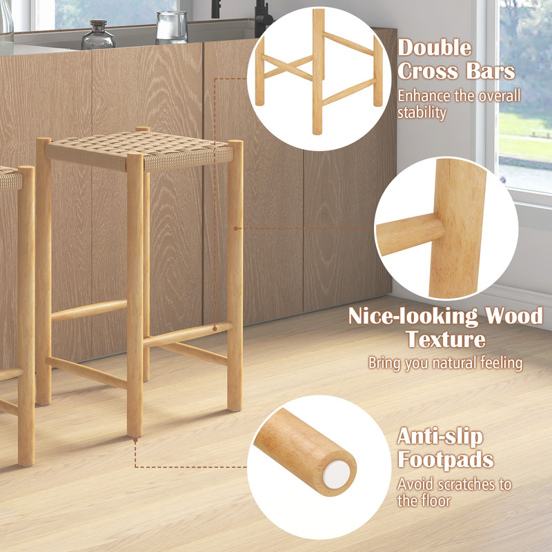 26 Inch Dining Bar Stool Set Of 2 Rubber Wood Frame With Woven Seats  Counter Height Stools 3
