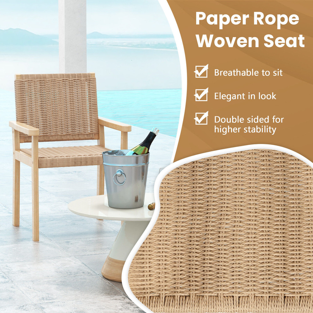 Indoor Outdoor Wood Chair Set Of 2 Rubber Wood Frame Breathable Woven Seat For Patio Dining Or Liv 5