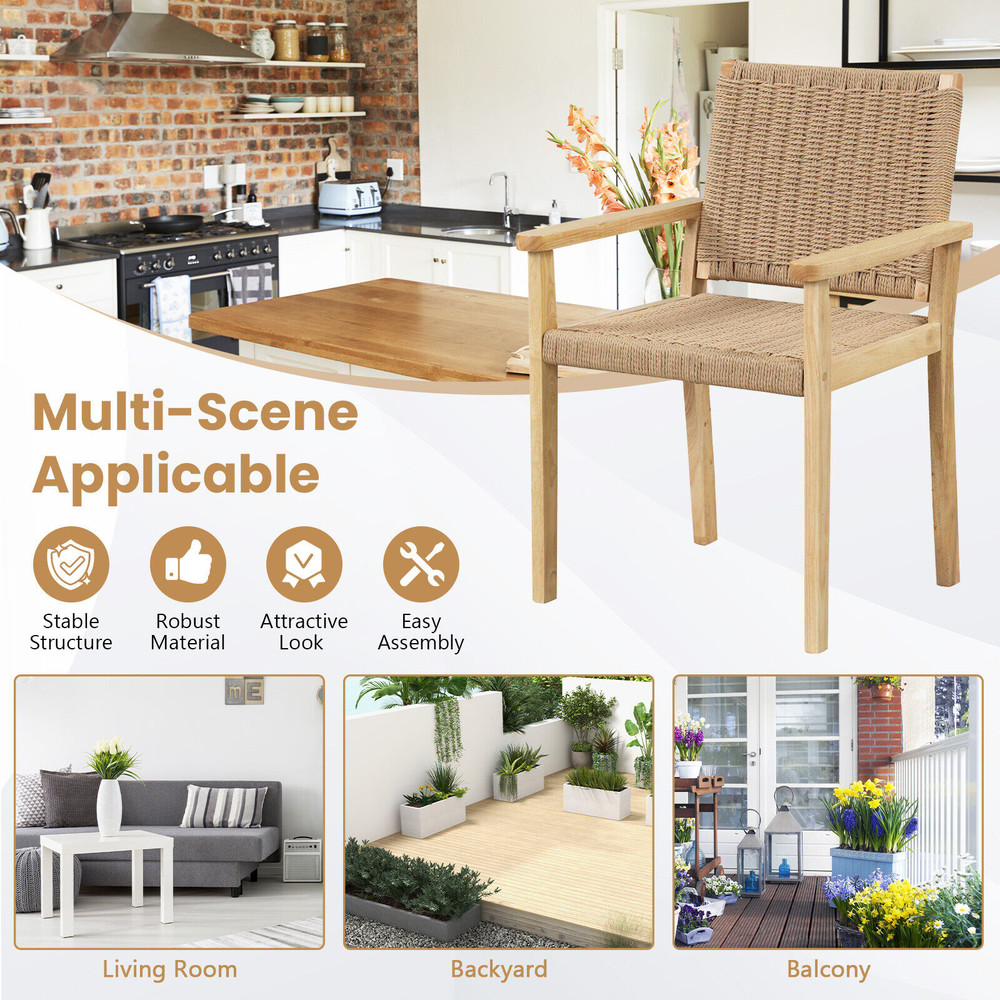 Indoor Outdoor Wood Chair Set Of 2 Rubber Wood Frame Breathable Woven Seat For Patio Dining Or Liv 3