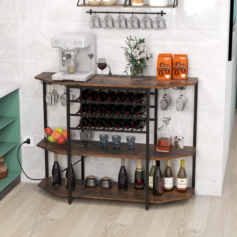 IndustrialStyle Wine Bar Cabinet 3Tier Storage Shelves Glass Holders Power Outlets For Dining Room 1