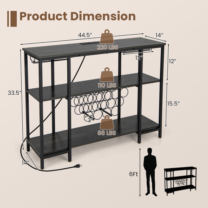 Wine Bar Cabinet With Storage Shelves Industrial Style Organizer With USB Ports Glass Holders 5