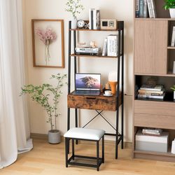 flip top mirror vanity desk set with cushioned stool, space-saving ladder vanity & storage solution