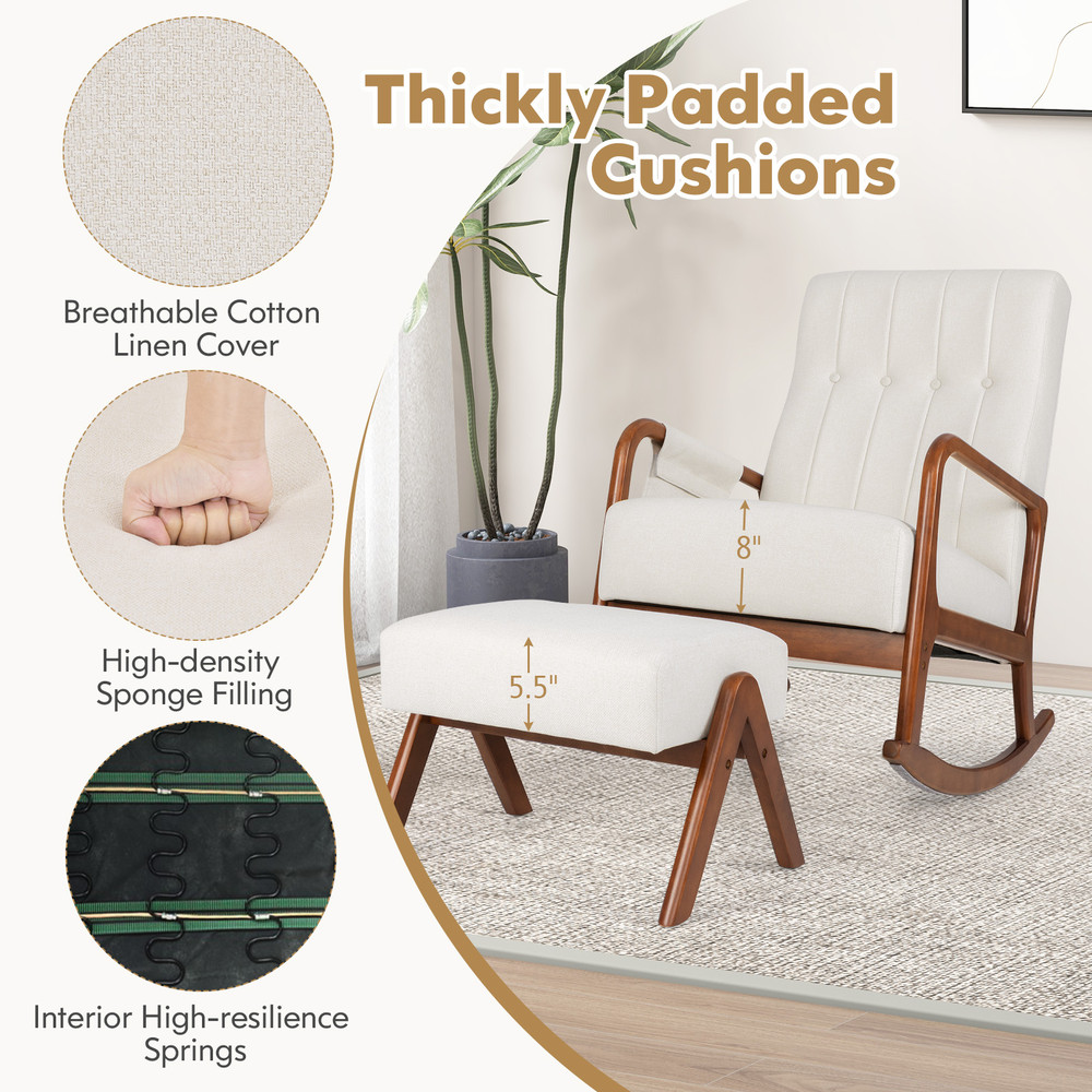 Rocking Chair With Ottoman Solid Rubber Wood Frame  Padded Cushion For Ultimate Comfort 3