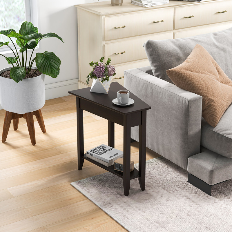 2Tier Wedge Narrow End Table With Storage Shelf  Solid Wood Legs SpaceSaving MidCentury Modern Side 0