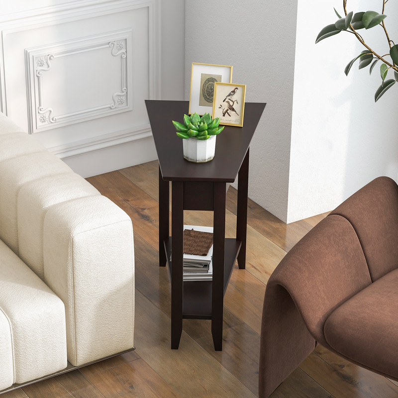2Tier Wedge Narrow End Table With Storage Shelf  Solid Wood Legs SpaceSaving MidCentury Modern Side 2