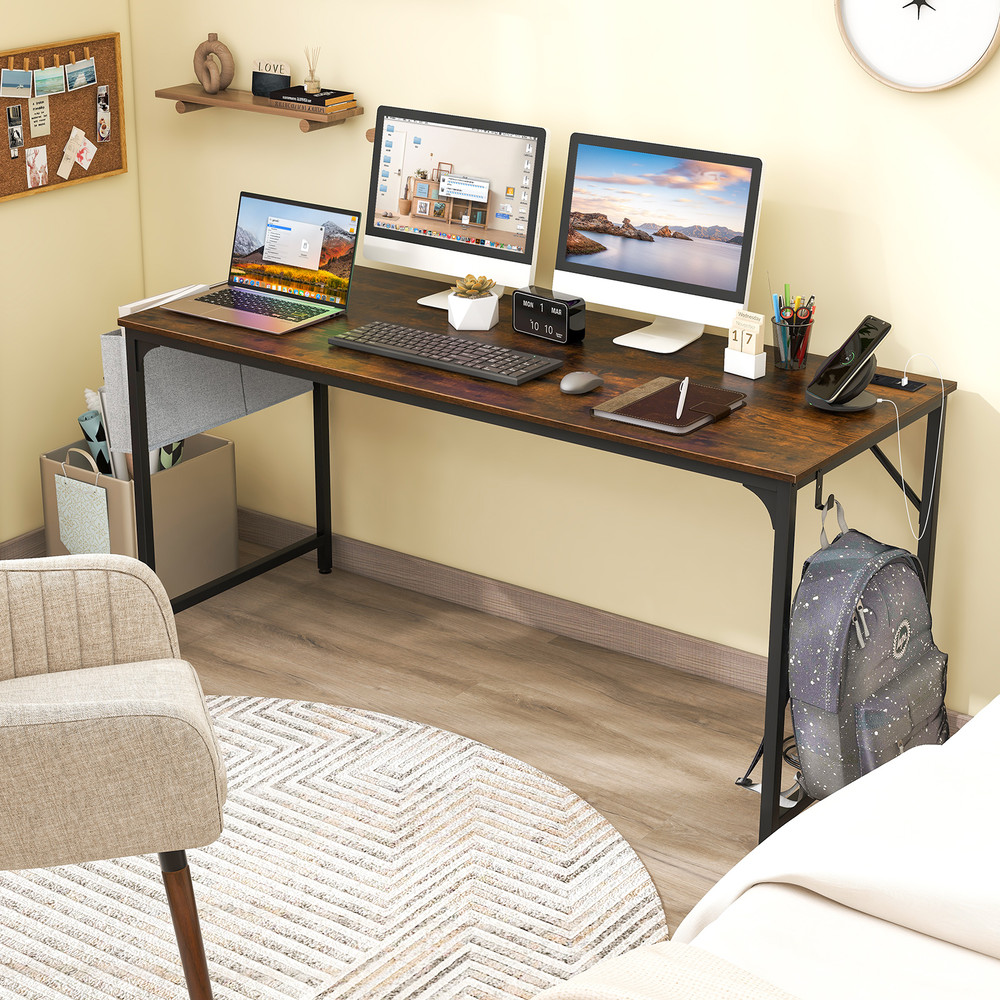 Large 60 Computer Desk With BuiltIn Charging Station  Storage Bag Modern Office Desk With USB Ports 3