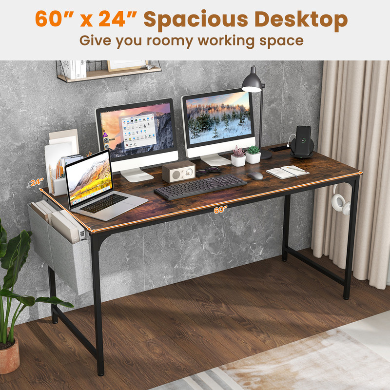 Large 60 Computer Desk With BuiltIn Charging Station  Storage Bag Modern Office Desk With USB Ports 4