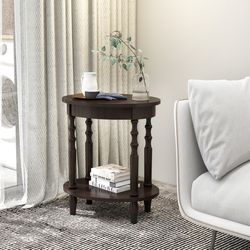 2-tier oval side table with storage shelf & solid wood legs – modern end table for living room & bedroom