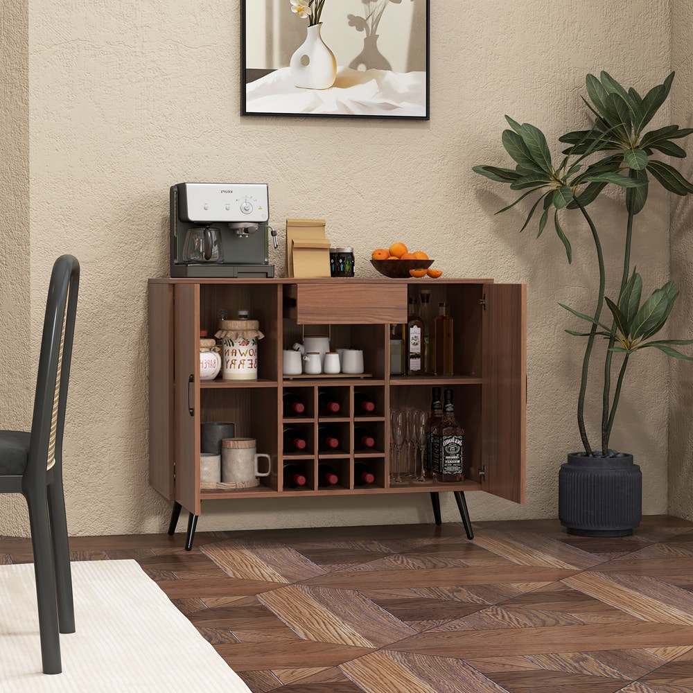 Mid-Century Modern Buffet Sideboard Server Cabinet with 9-Bottle Wine Rack – Stylish Storage & Display