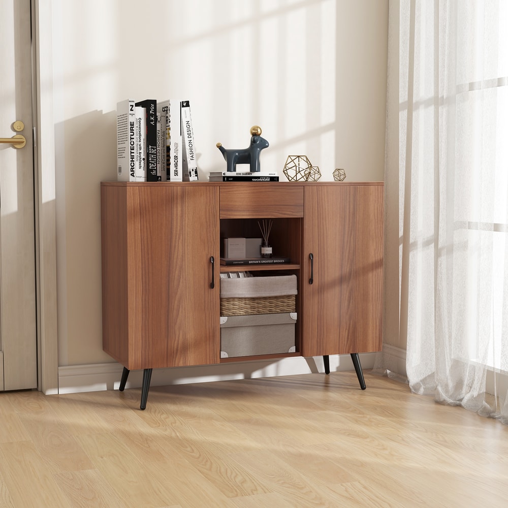 Mid-Century Modern Buffet Sideboard Server Cabinet with 9-Bottle Wine Rack – Stylish Storage & Display