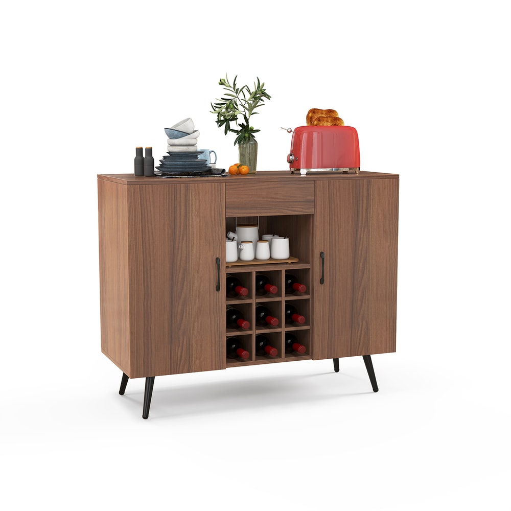 Mid-Century Modern Buffet Sideboard Server Cabinet with 9-Bottle Wine Rack – Stylish Storage & Display